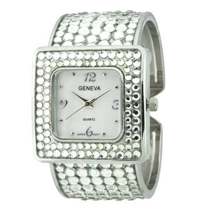 Geneva Silver-Tone Square Face Glitter Round Stone Women's Fancy Cuff Watch